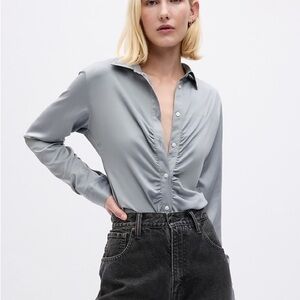 NEW Gap Women’s Grey Satin Ruched Button-Down Dress Shirt XXL NWT
